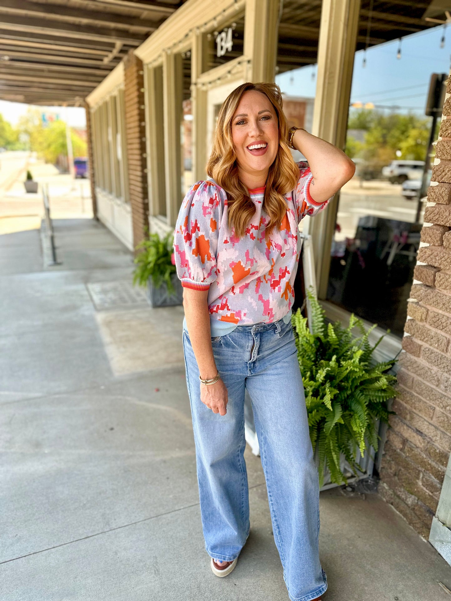 Bubble Sleeve Knit Top- Blue/Orange Combo