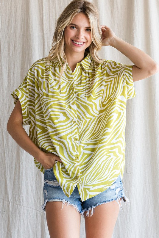 Chartreuse Zebra Button Down Blouse
