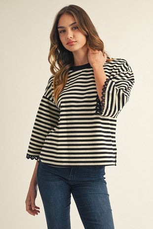 Ribbon Trimmed Striped Top