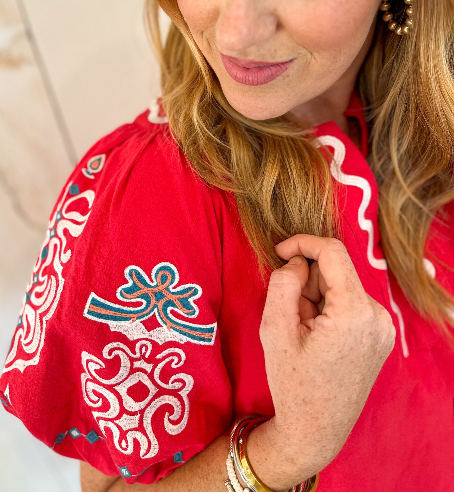 Tomato Red Embroidered Puff Sleeve Dress