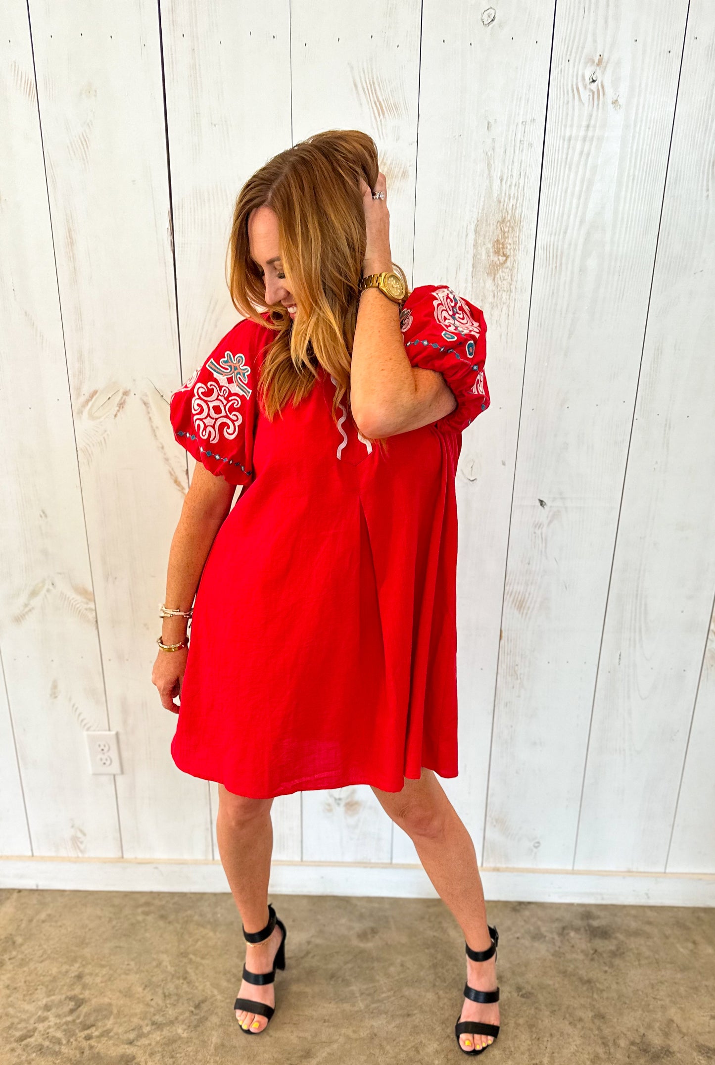 Tomato Red Embroidered Puff Sleeve Dress