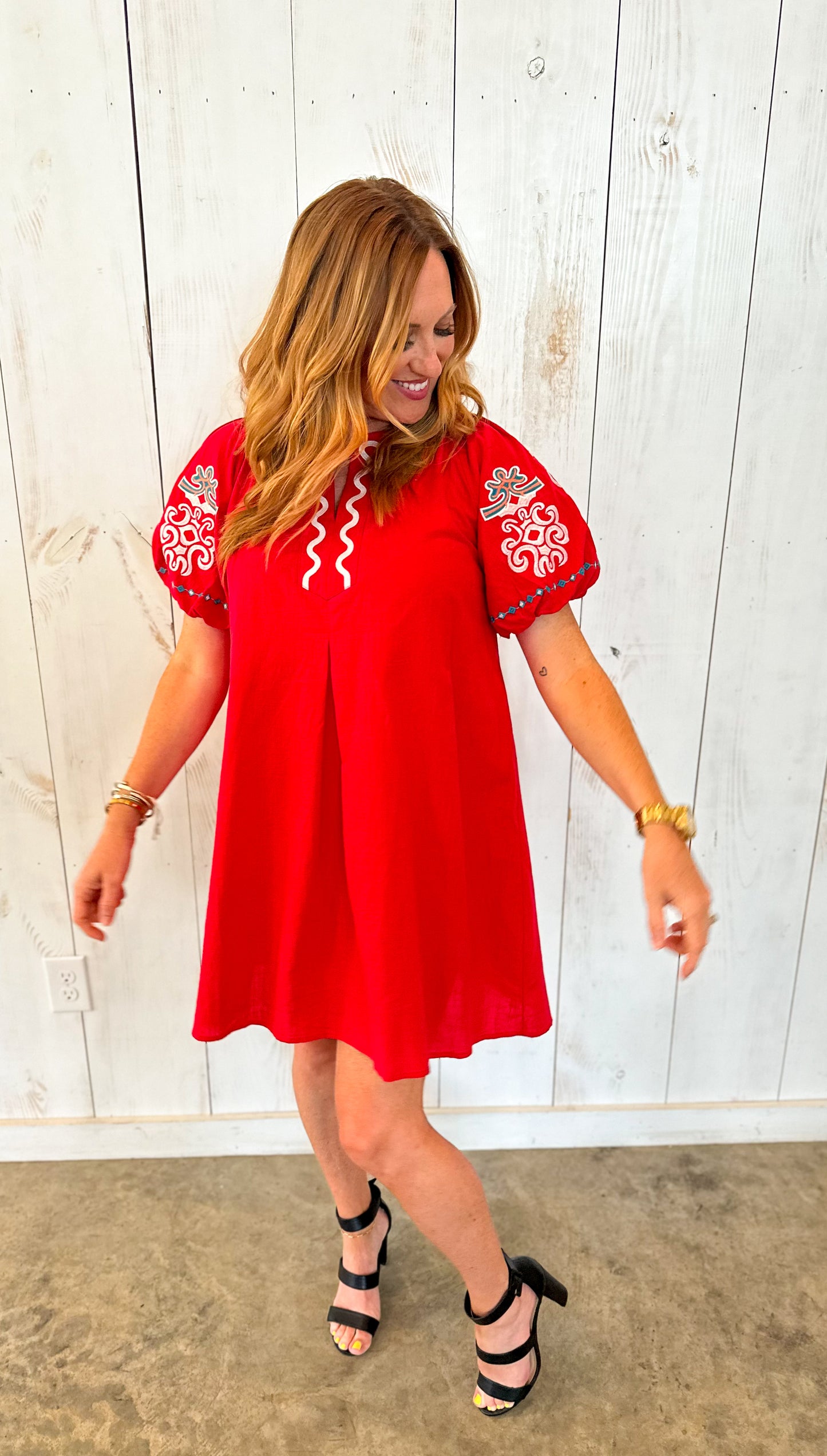 Tomato Red Embroidered Puff Sleeve Dress