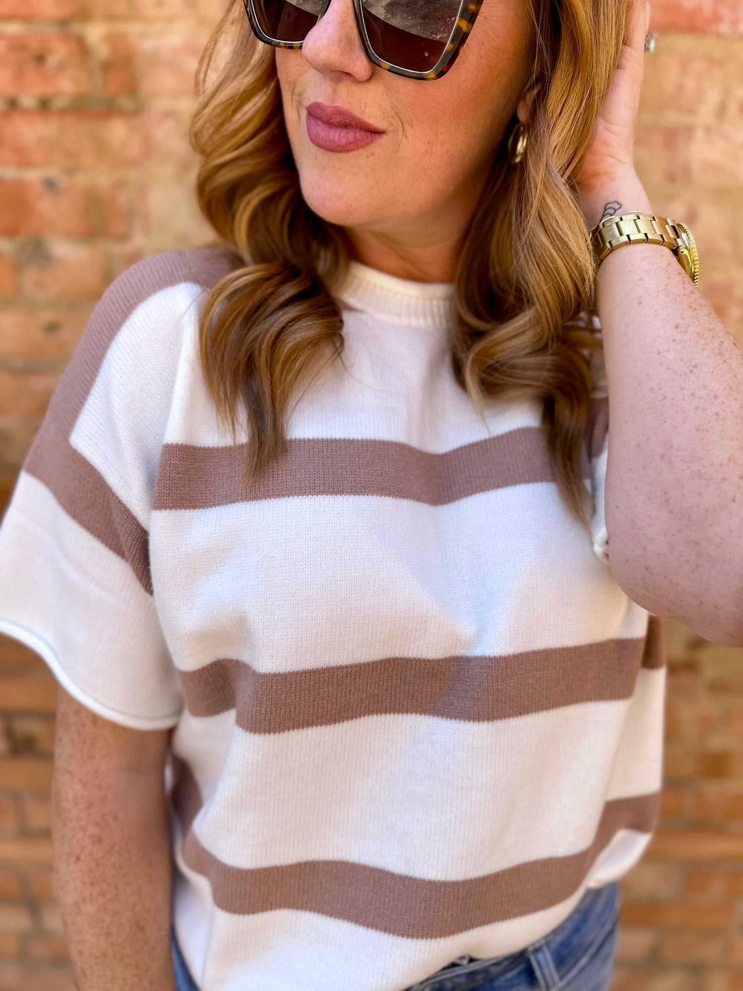 Cream Striped Lightweight Knit Blouse
