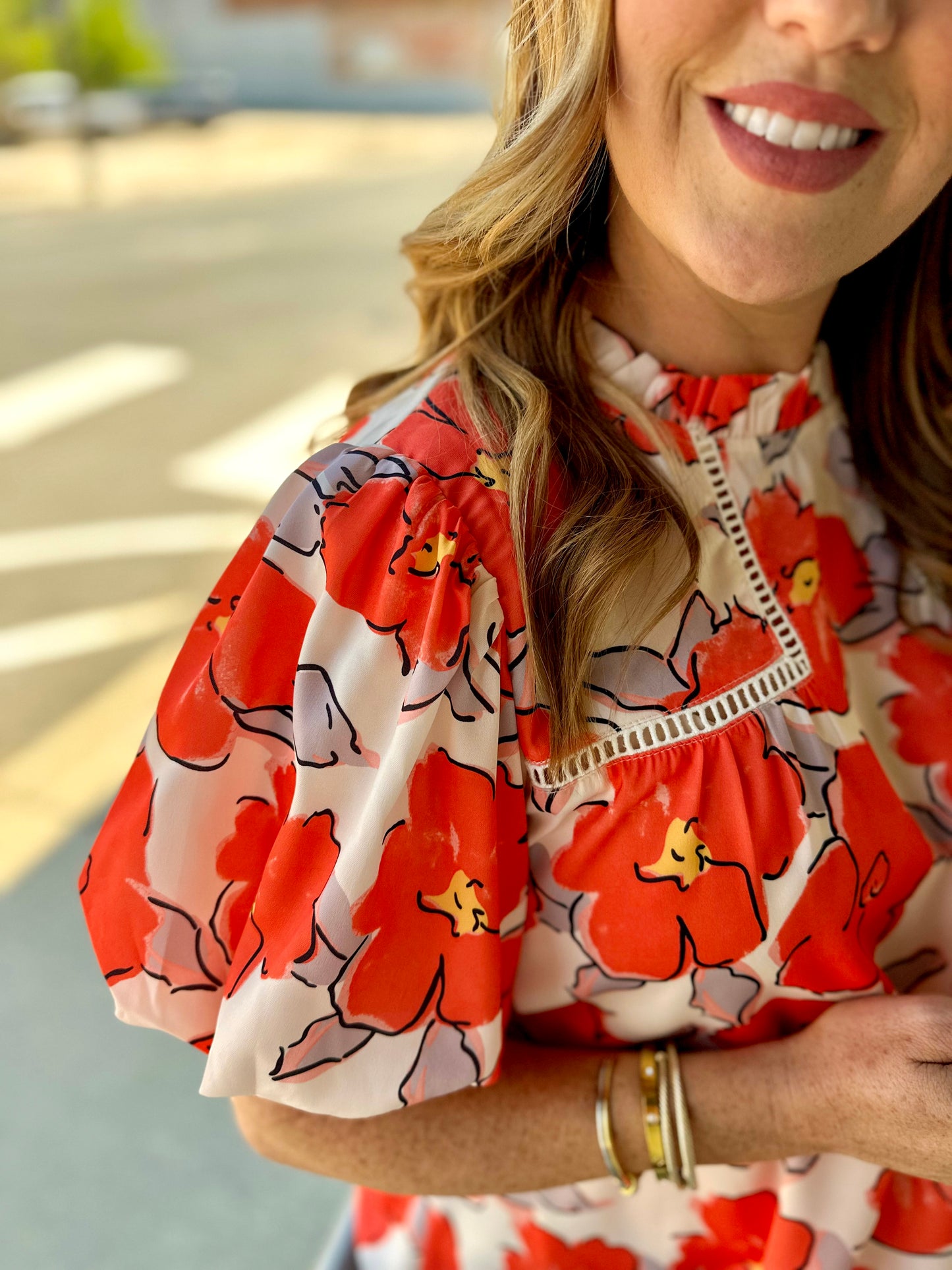 Frill Neck Floral Puff Sleeve Blouse