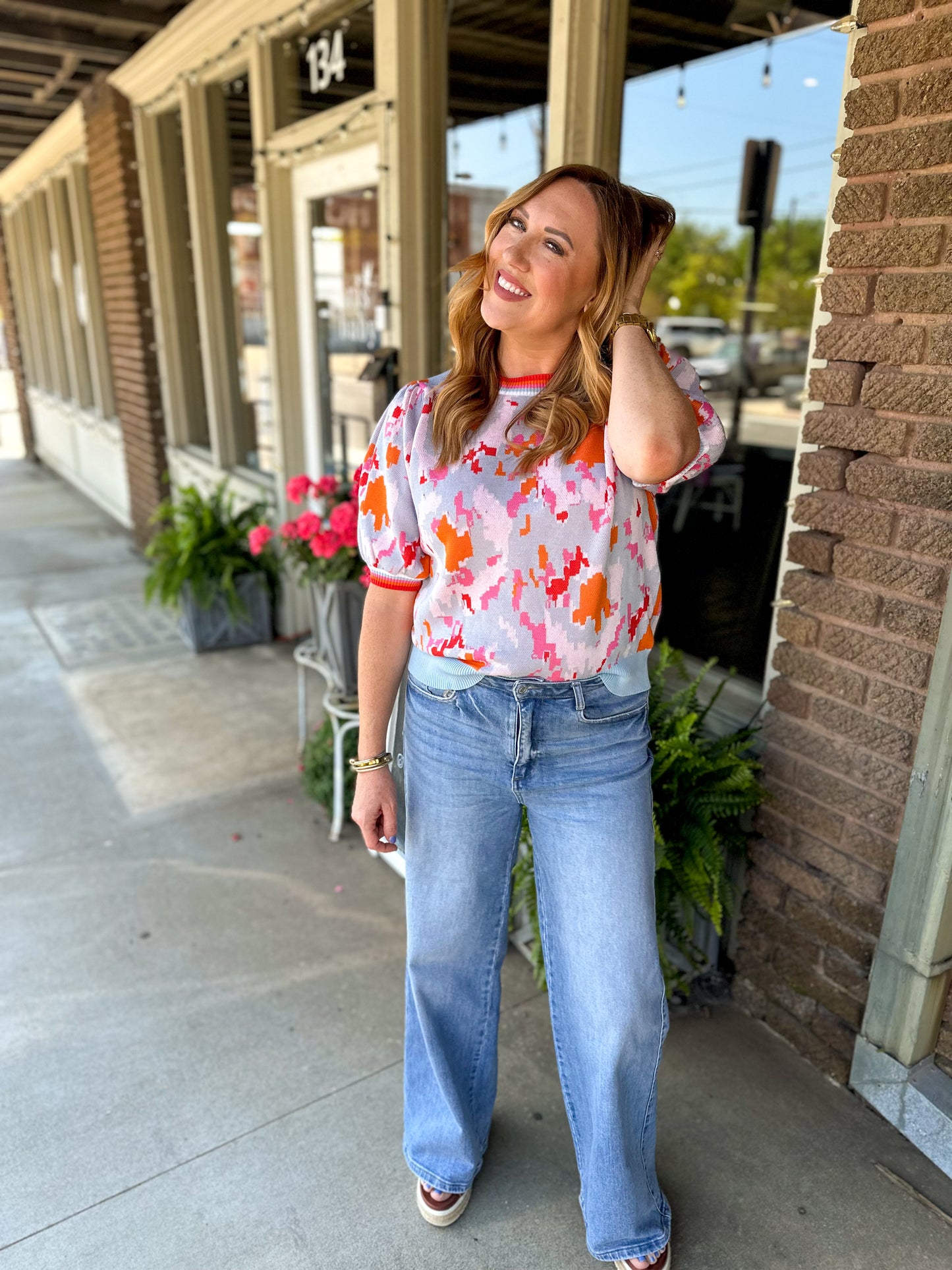 Bubble Sleeve Knit Top- Blue/Orange Combo