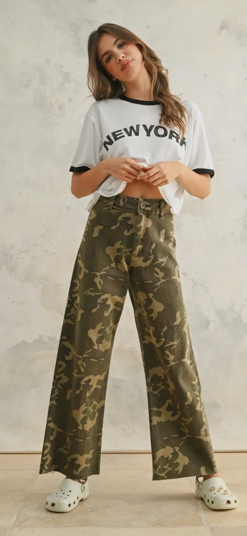 Wide Leg Stretch Camo Denim