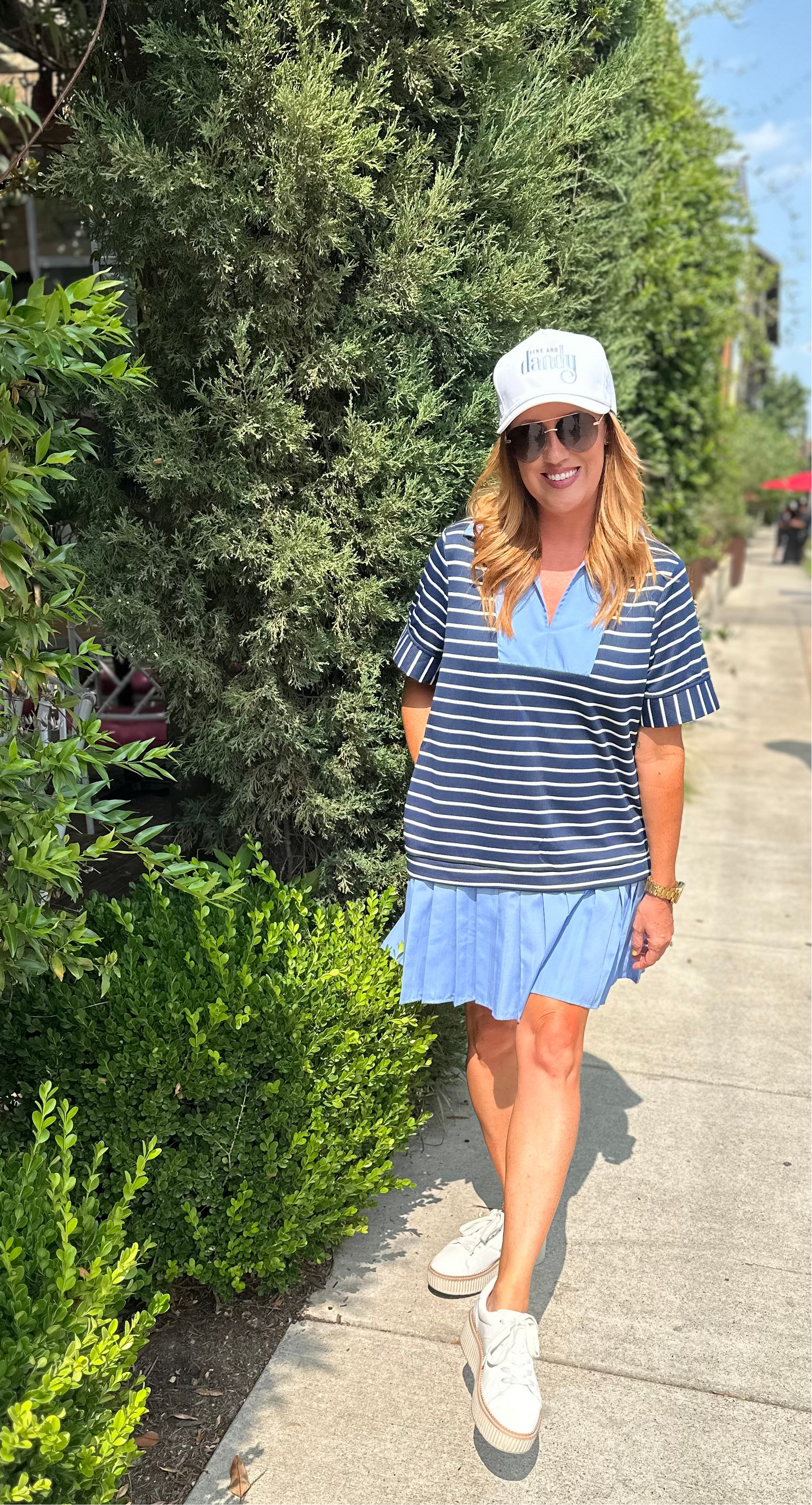 Navy Drop Waist Pleated Dress