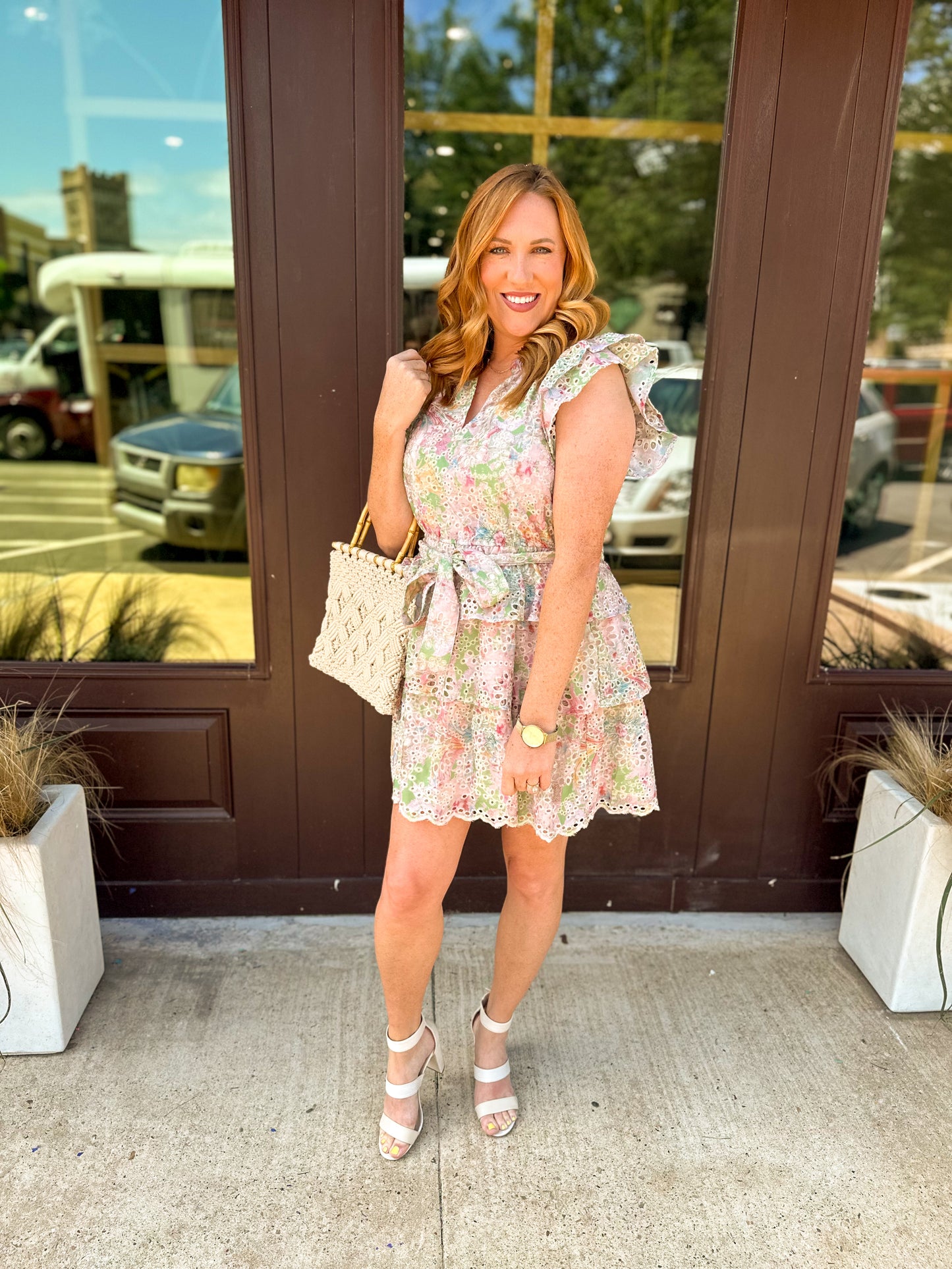 Women's Floral Eyelet Lace Tiered Dress Multi