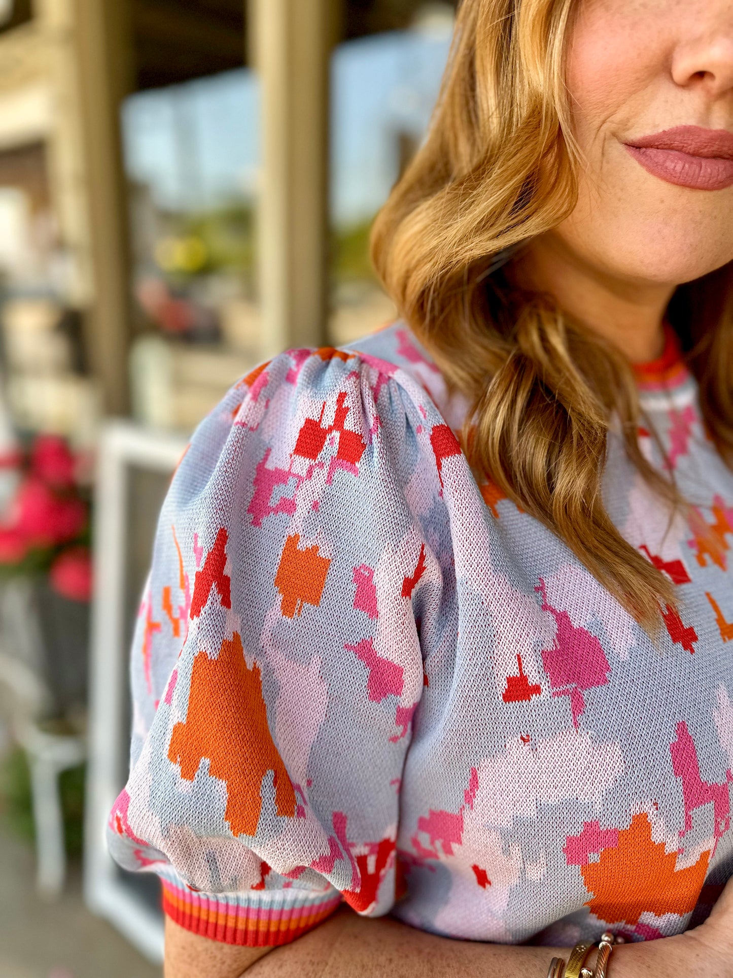 Bubble Sleeve Knit Top- Blue/Orange Combo