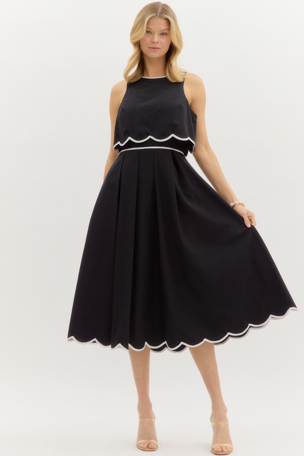 Black Scalloped Edge Midi Dress