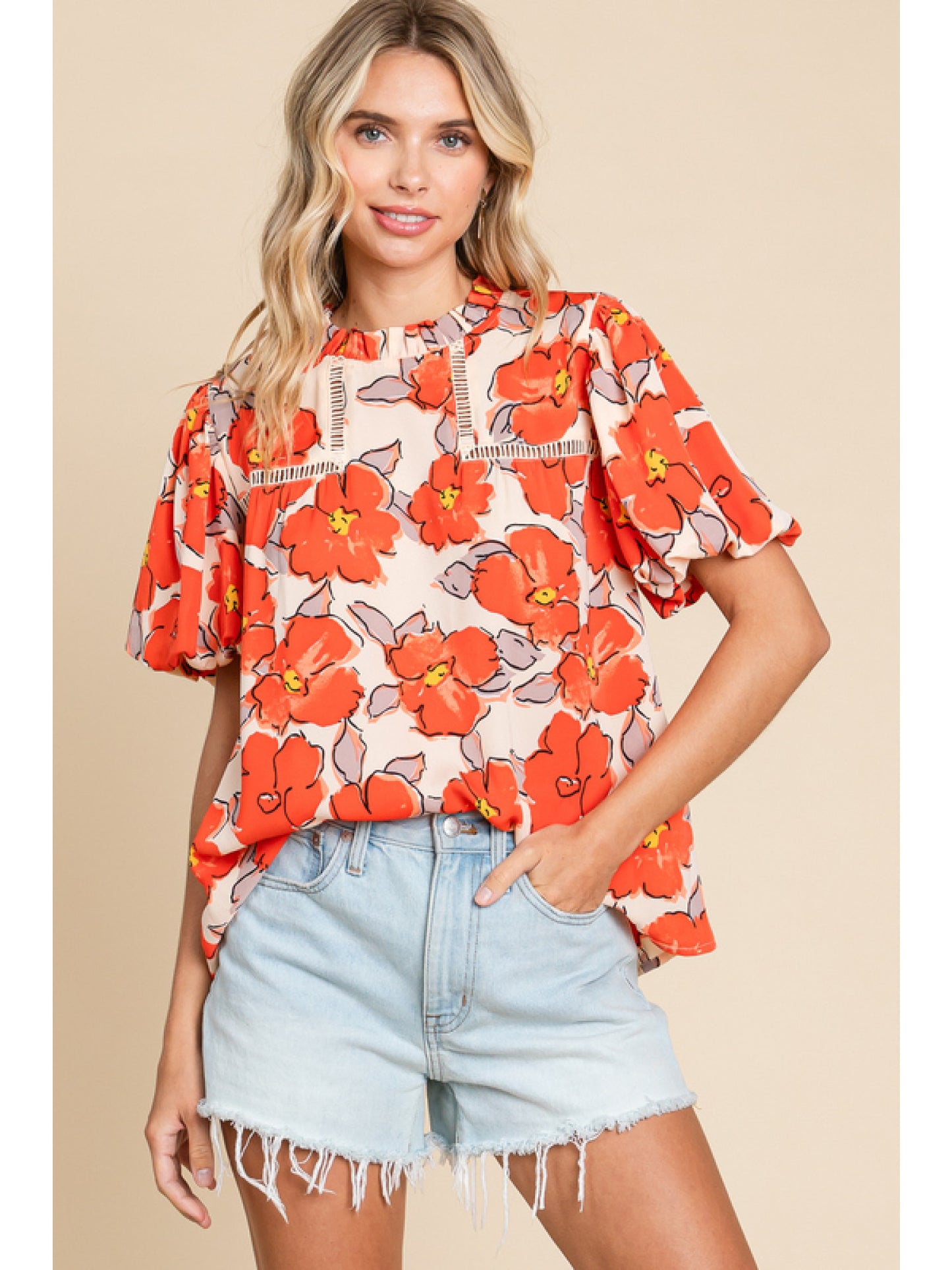 Frill Neck Floral Puff Sleeve Blouse
