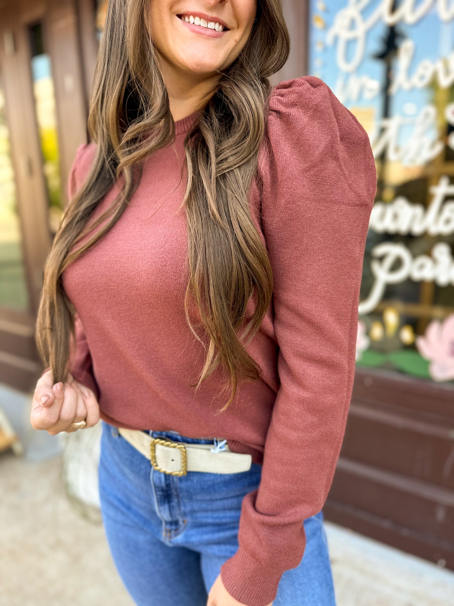 Women's Puff Sleeve Basic Sweater Brick