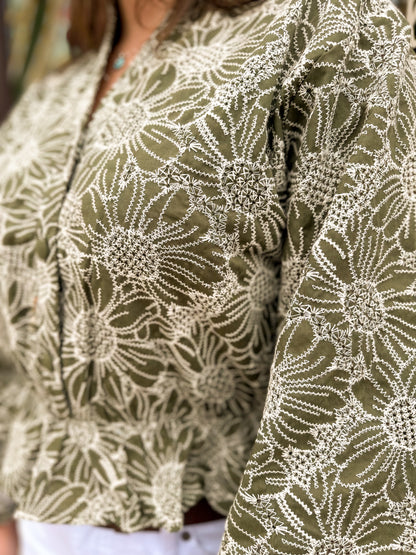 Women's Floral Embroidered Cinched Blouse Olive