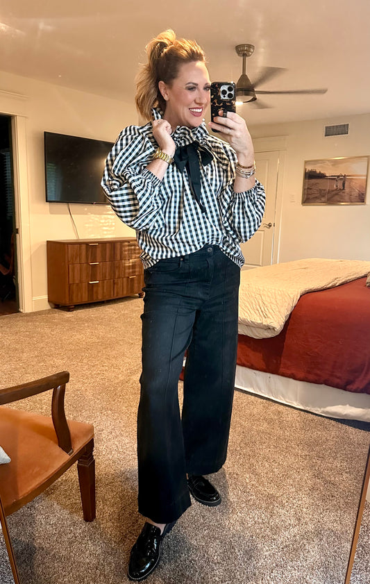 Check Ruffle Neck Top