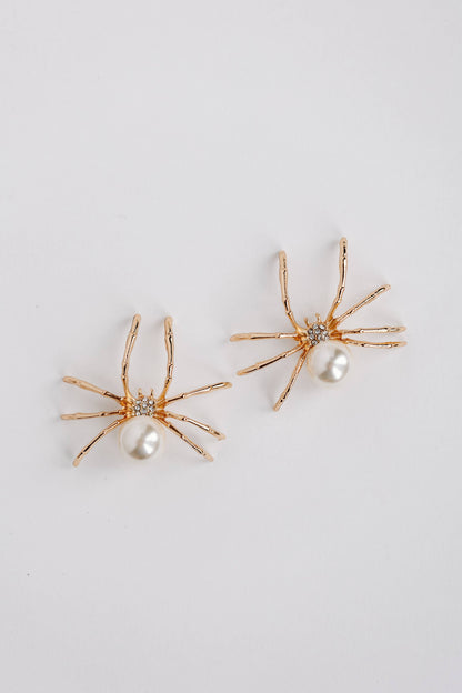 Gold Spooky Spider and Pearl Halloween Statement Earrings