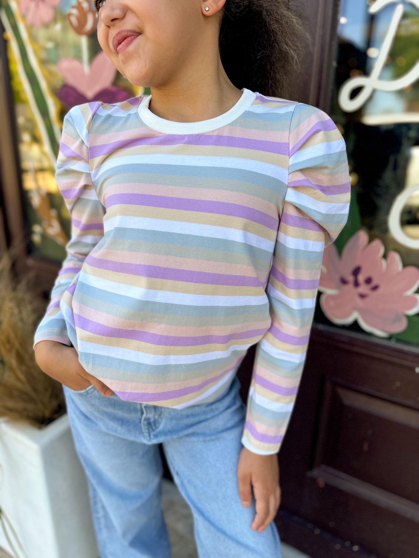 Girl's Striped Long Sleeve Puff Shoulder Top Lavender Mix