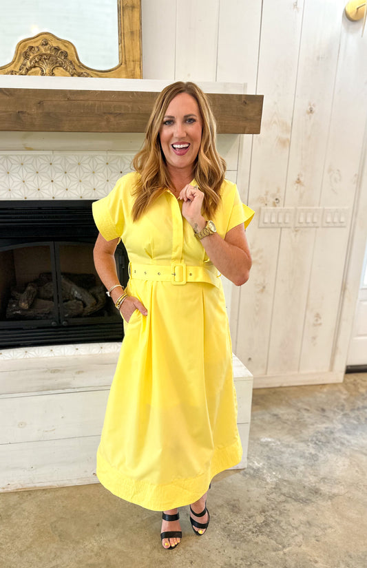 Yellow Belted Midi Dress
