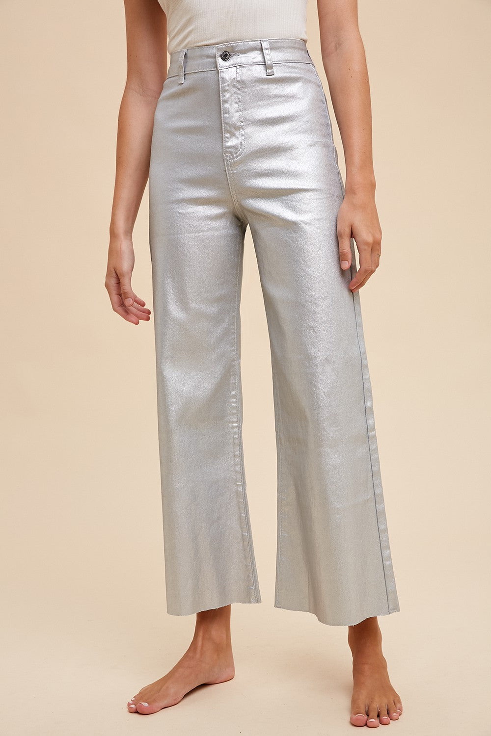 Silver Metallic Cropped Stretch Pant