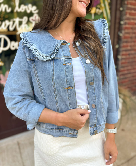 Women's Exaggerated Ruffle Collar Denim Jacket (Matching Girl's Available)