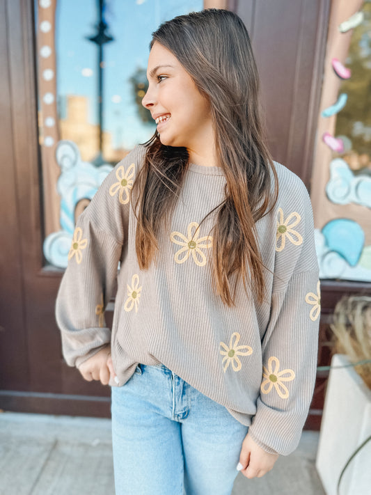Girl's Brushed Rib Knit Embroidered Daisy Top Taupe