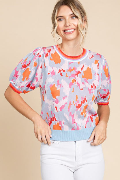 Bubble Sleeve Knit Top- Blue/Orange Combo