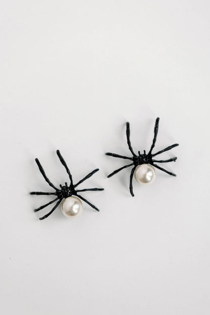 Black Spooky Spider and Pearl Halloween Statement Earrings