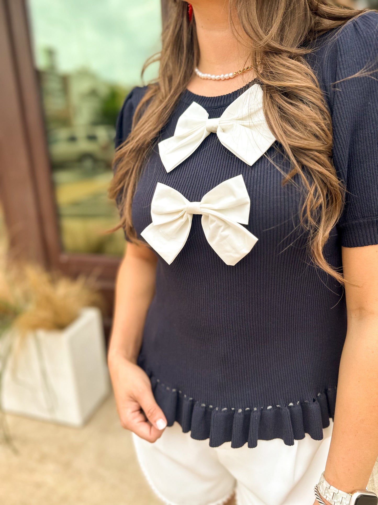 Women's Ribbed Double Bow Ruffle Detail Top Navy