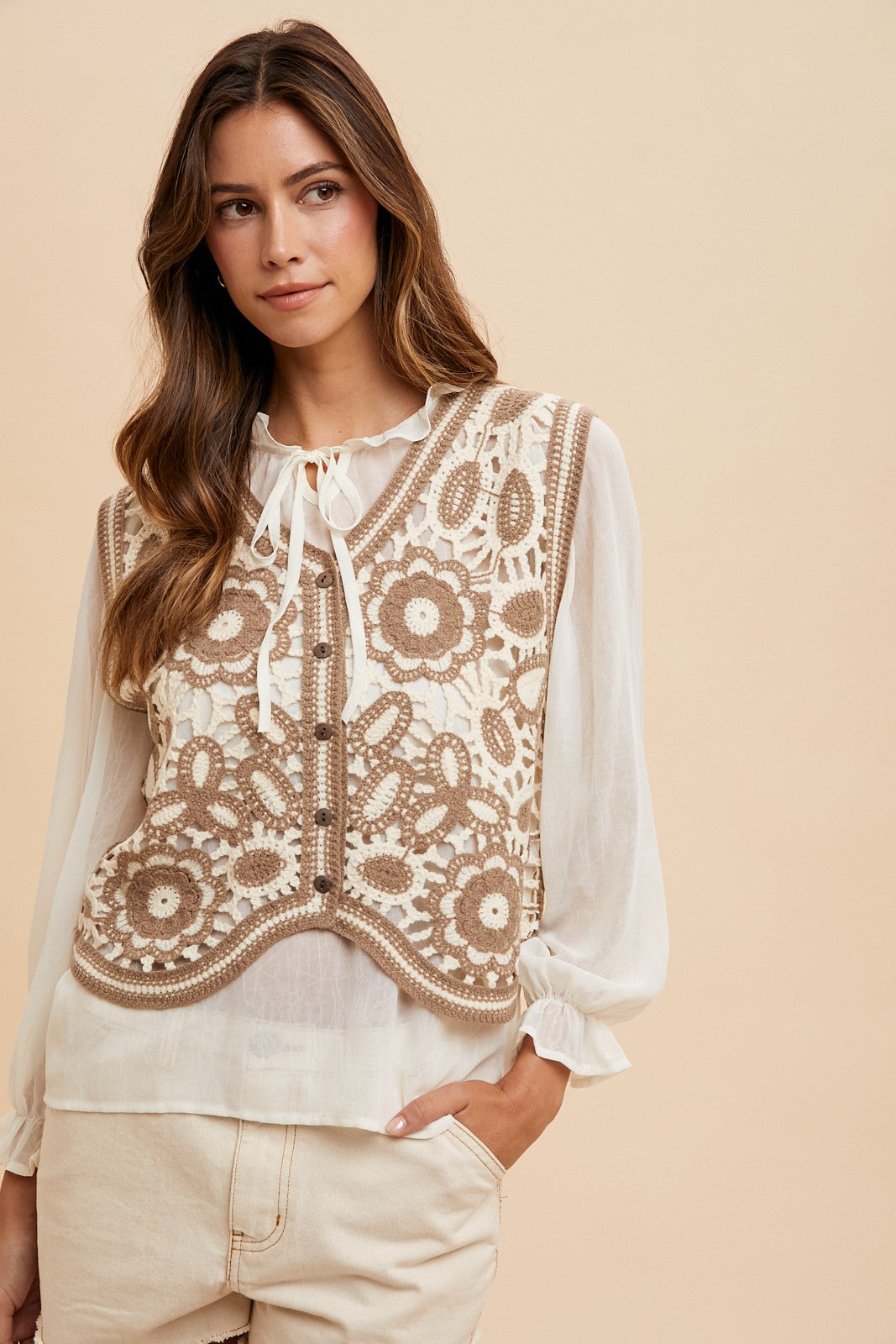 Women's Crochet Sweater Vest & Chiffon Blouse Set