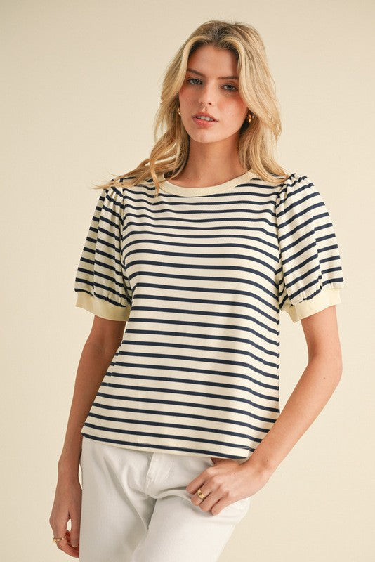 Navy Striped Puff Sleeve Knit Top