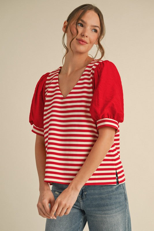 Red Striped Puff Sleeve Top