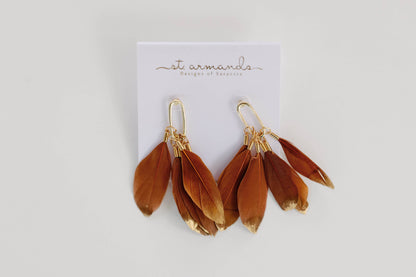 Caramel Gold Dipped Feathers Statement Earrings