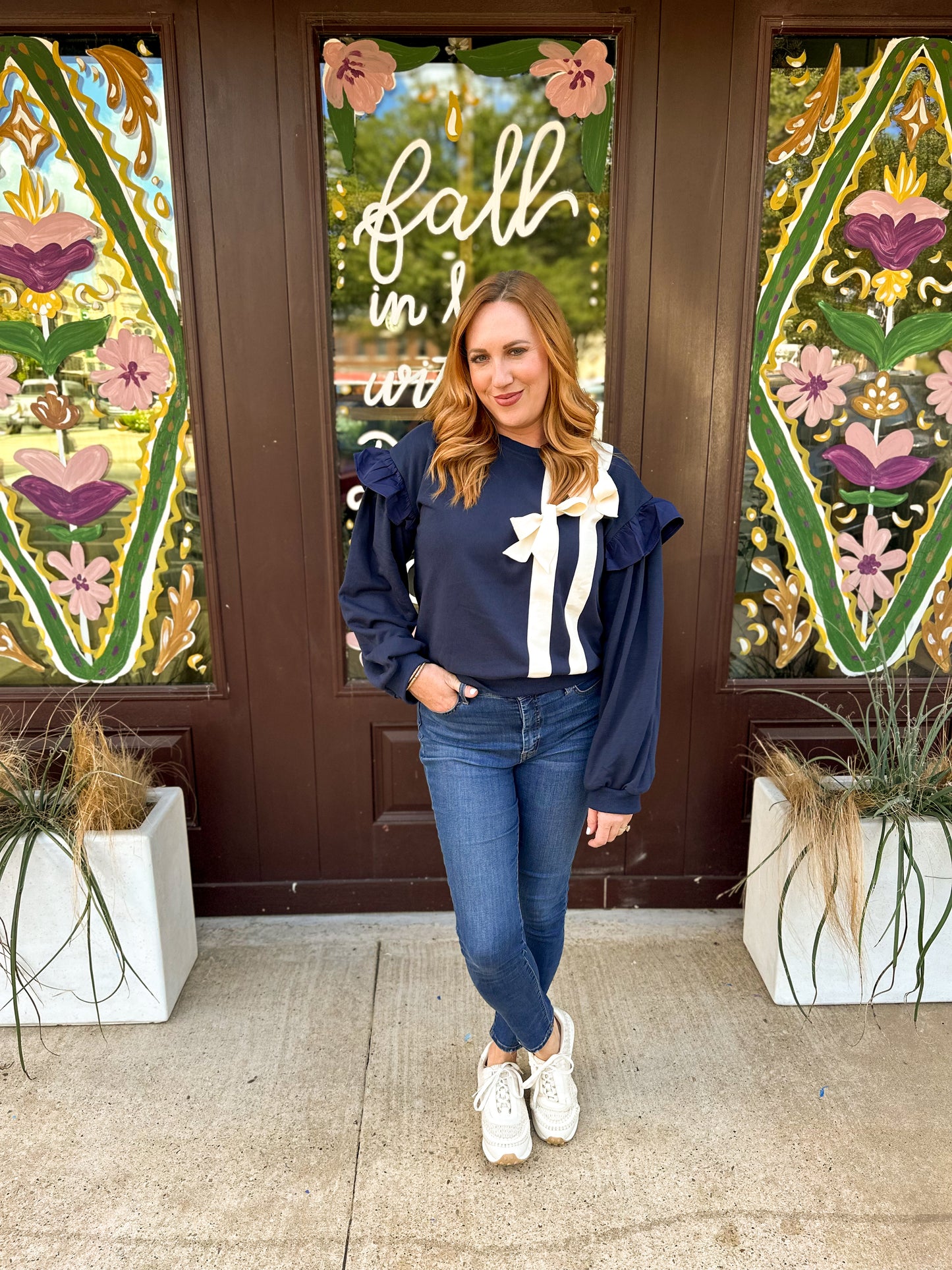 Women's Stripes & Bow Duo Elevated Sweatshirt Navy