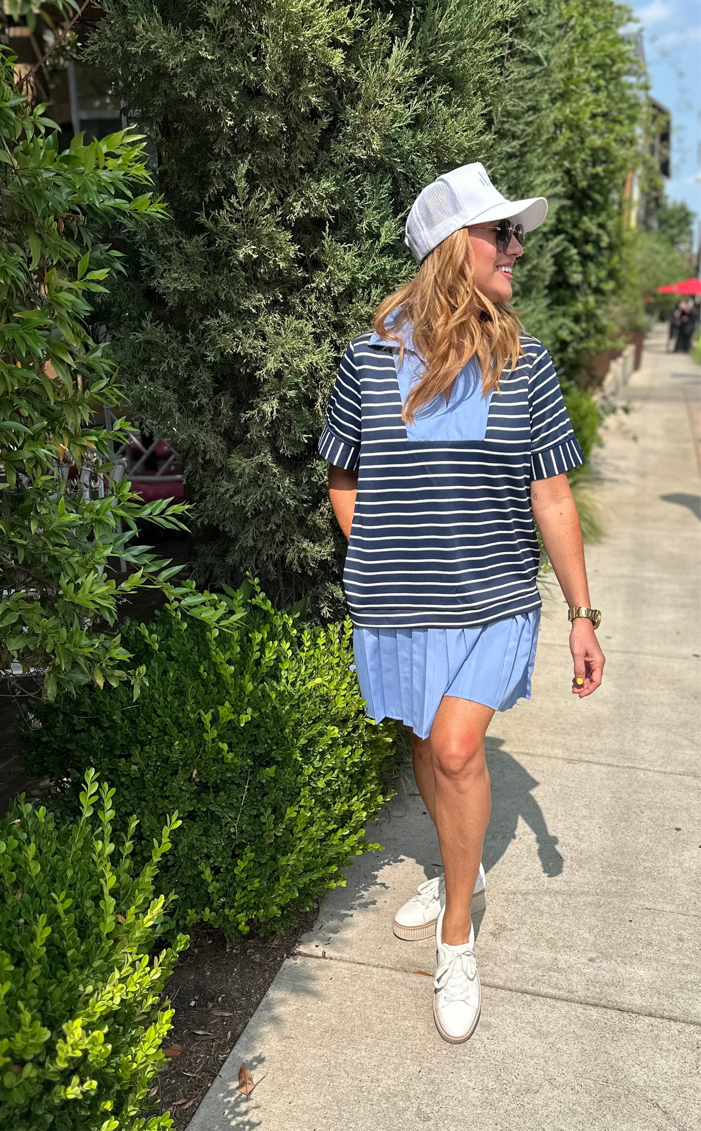 Navy Drop Waist Pleated Dress
