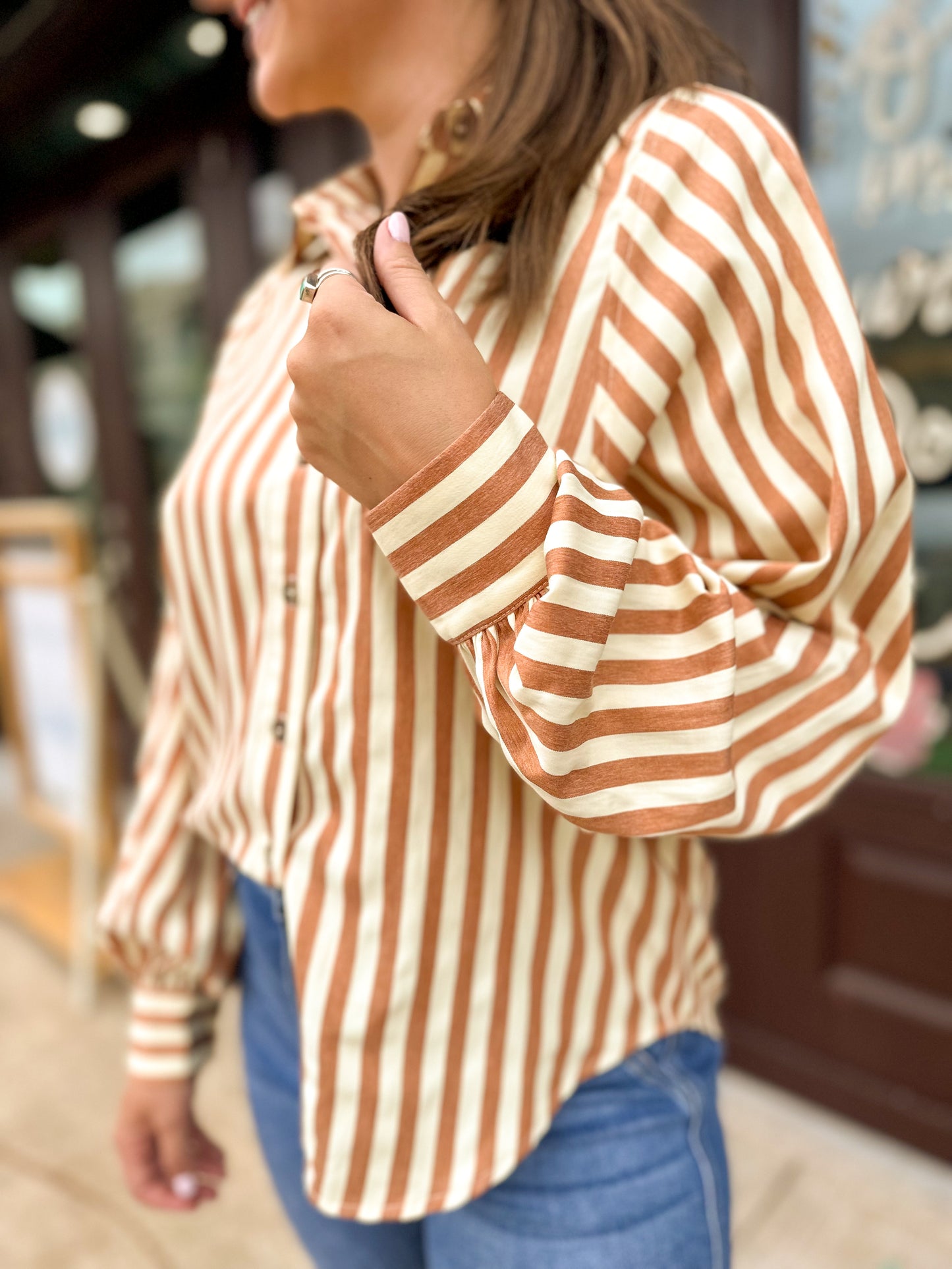 Women's Striped Balloon Sleeve Button Down Camel