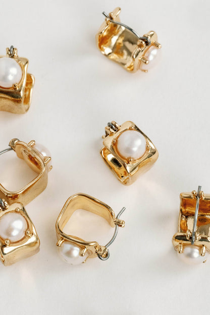 Vintage Mini Square Pearl Huggie Earrings