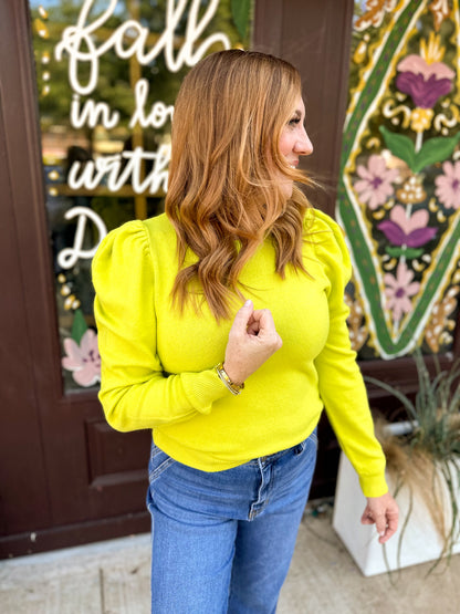 Women's Puff Sleeve Basic Sweater Electric Avocado