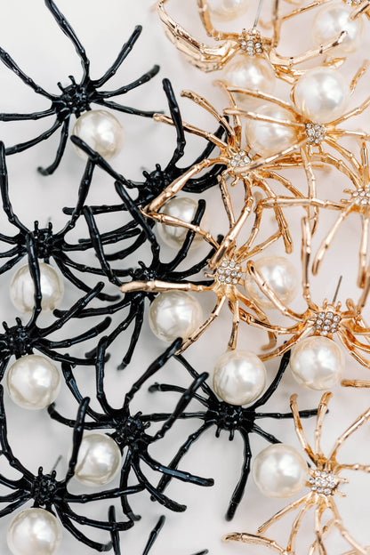 Gold Spooky Spider and Pearl Halloween Statement Earrings