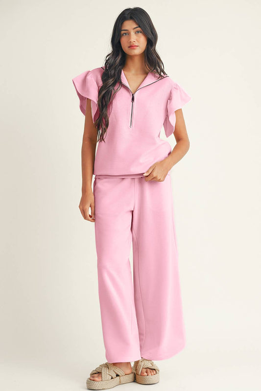 Baby Pink Ruffled Top and Wide Leg Pants Set