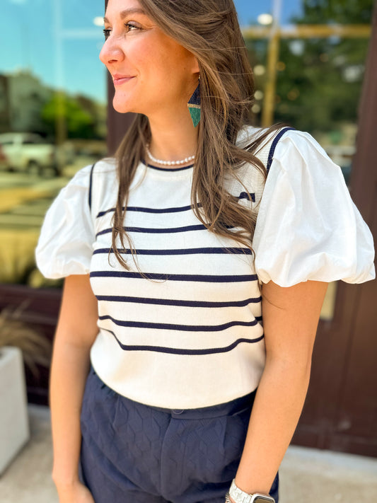 Women's Striped Pleated Bubble Sleeve Knit Top White / Navy