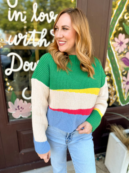 Women's Retro Color Block Sweater Evergreen Mix