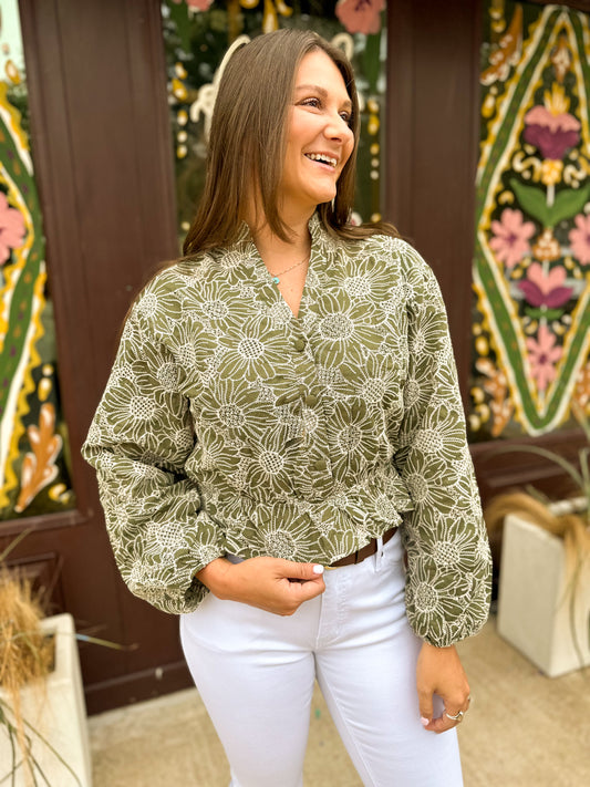 Women's Floral Embroidered Cinched Blouse Olive