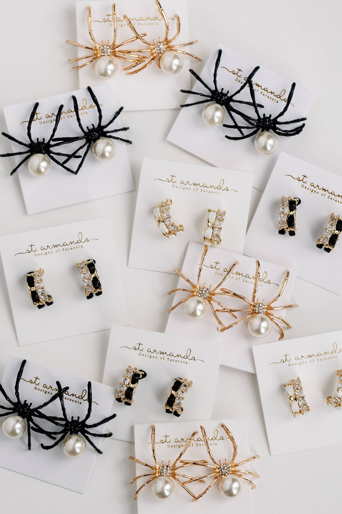 Gold Spooky Spider and Pearl Halloween Statement Earrings