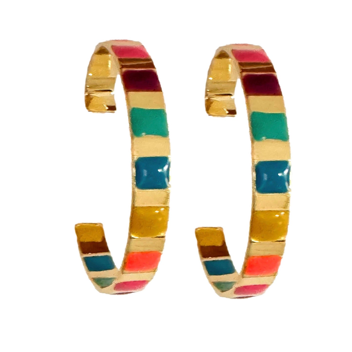 Gold and Rainbow Enamel Striped Hoop Earrings