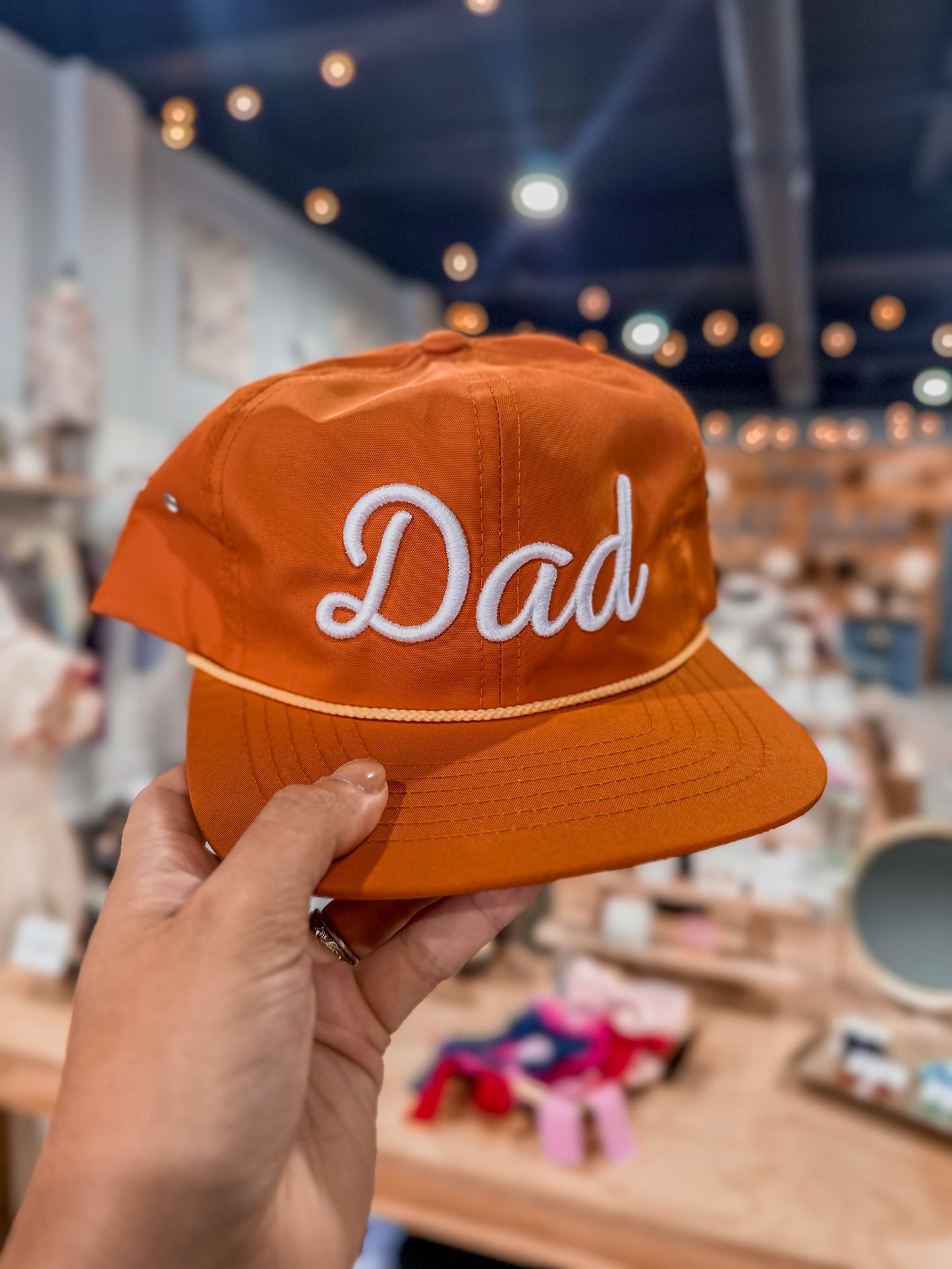 Dad Puff Embroidered Relaxed Flat Bill Rope Hat Burnt Orange / White