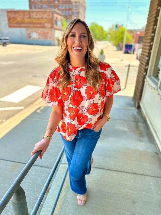 Frill Neck Floral Puff Sleeve Blouse