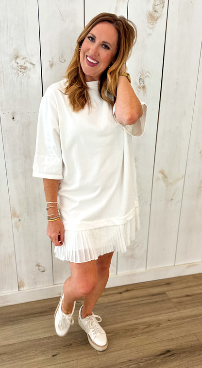 White Drop Waist Pleated Dress