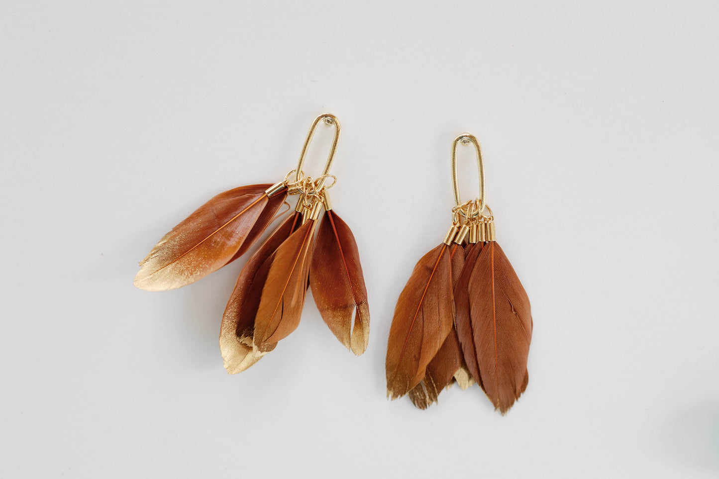 Caramel Gold Dipped Feathers Statement Earrings