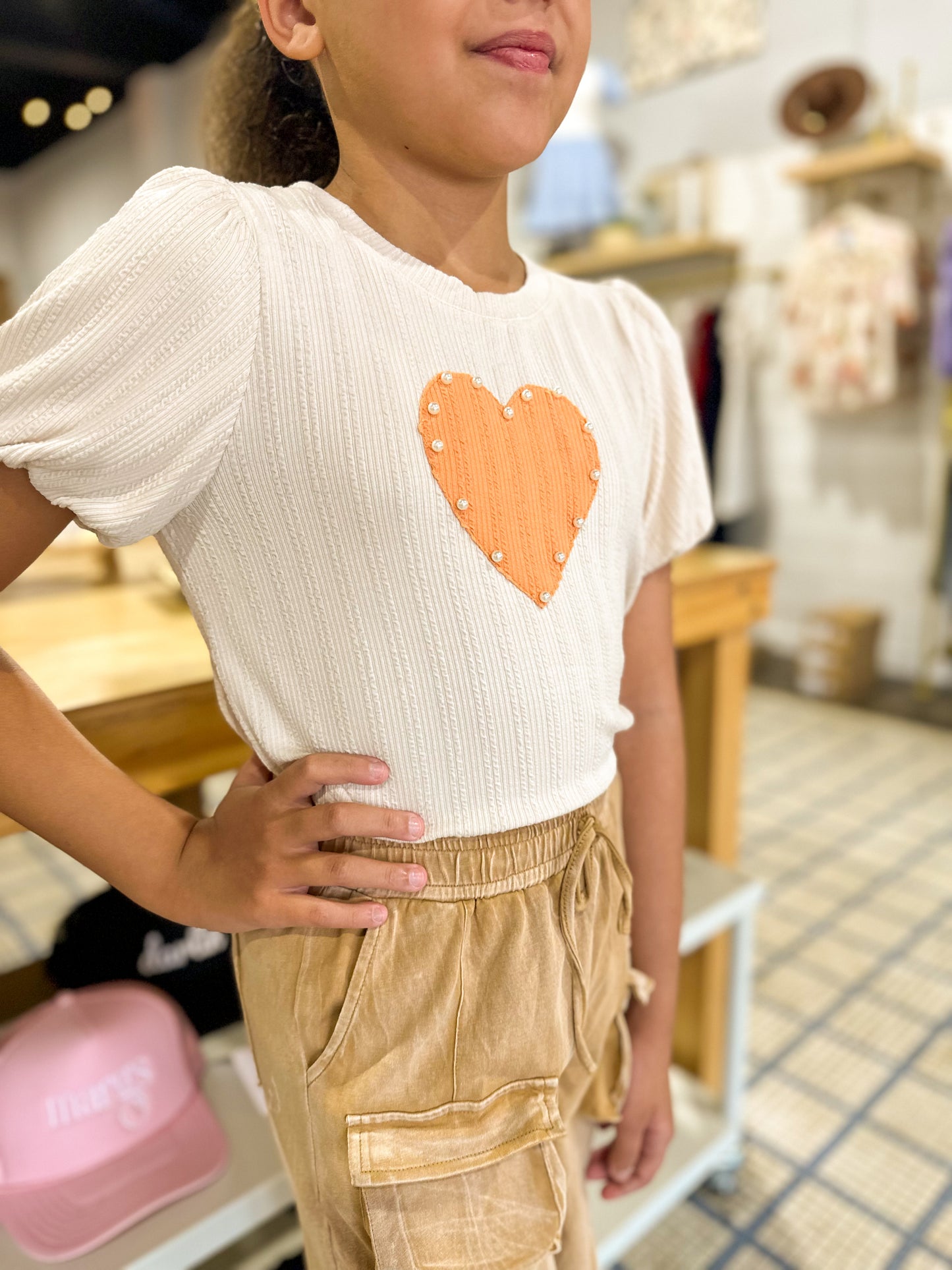 Girl's Rib Knit Pearl Heart Patch Top Ivory / Orange