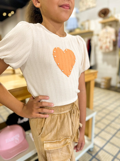 Girl's Rib Knit Pearl Heart Patch Top Ivory / Orange