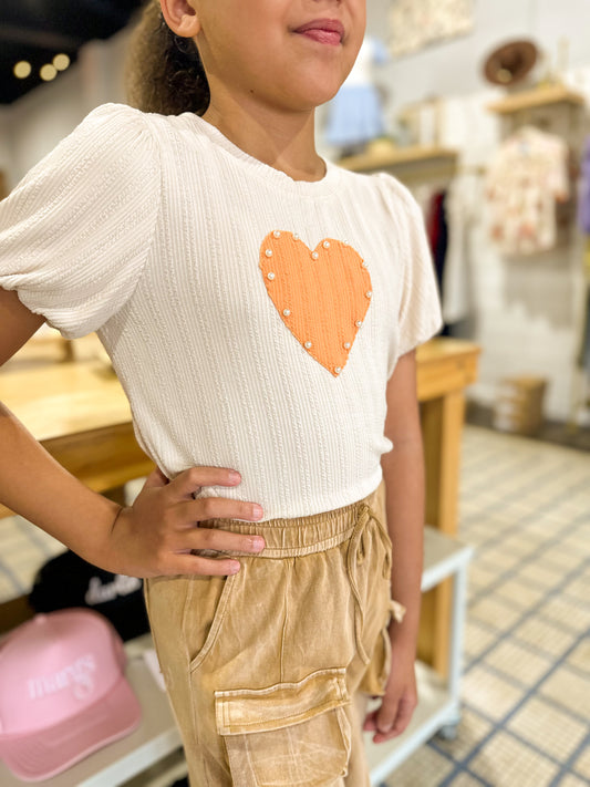 Girl's Rib Knit Pearl Heart Patch Top Ivory / Orange